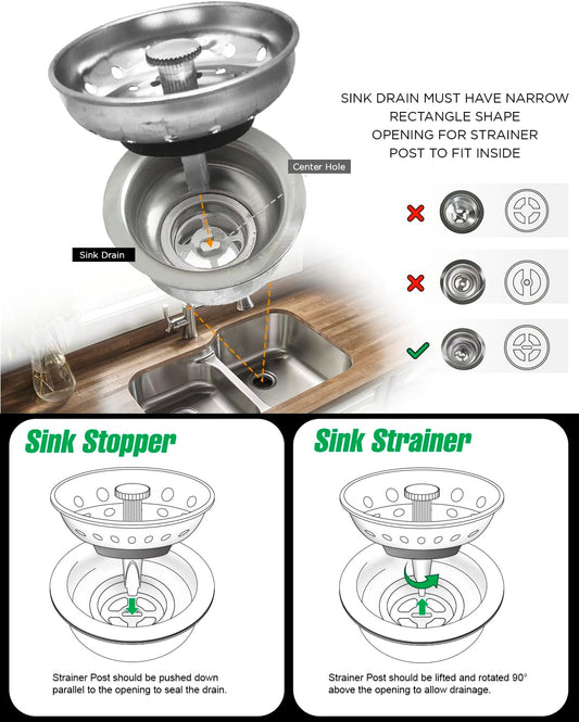Highcraft 97333 Kitchen Sink Basket Strainer Replacement for Standard Drains (3.25 Inch) Chrome Plated Stainless Steel Body With Rubber Stopper, 3.25"