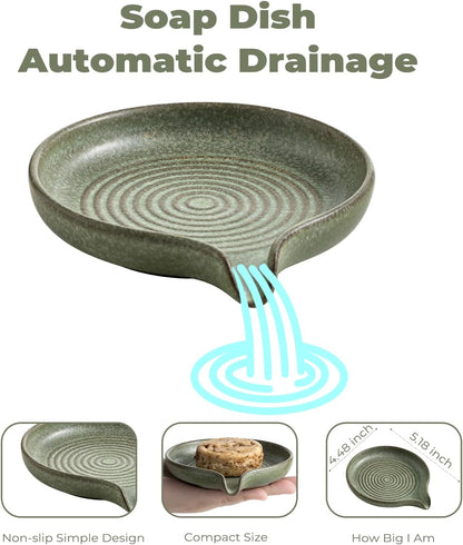 Self Draining Soap Dish, Ceramic Drain Soap Holder Waterfall Design Soap Saver for Shower, Bathroom, Sink, Kitchen and Countertop, Keeps Dry, Green