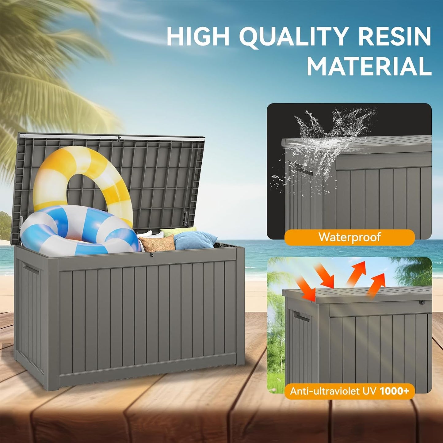 NUNU LAB Outdoor Storage Box, 45 Gallon Outside Deck Box Waterproof, Resin Outdoor Storage Cabinet With Lockable Lid, Backyard Storage Bench For Garden Tools, Patio Cushions, Pool Tools, Black