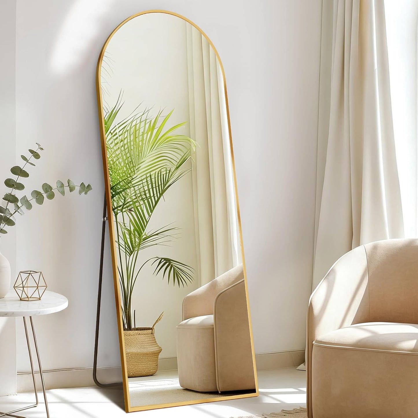 DUMOS 64"x21" Arched Full Length Floor Mirror, Full Body Mirror with Stand, Shatterproof Tempered Glass, Modern Aluminum Alloy Frame, Free Standing or Leaning for Home Decor, Gold