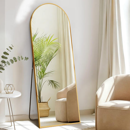 DUMOS 64"x21" Arched Full Length Floor Mirror, Full Body Mirror with Stand, Shatterproof Tempered Glass, Modern Aluminum Alloy Frame, Free Standing or Leaning for Home Decor, Gold