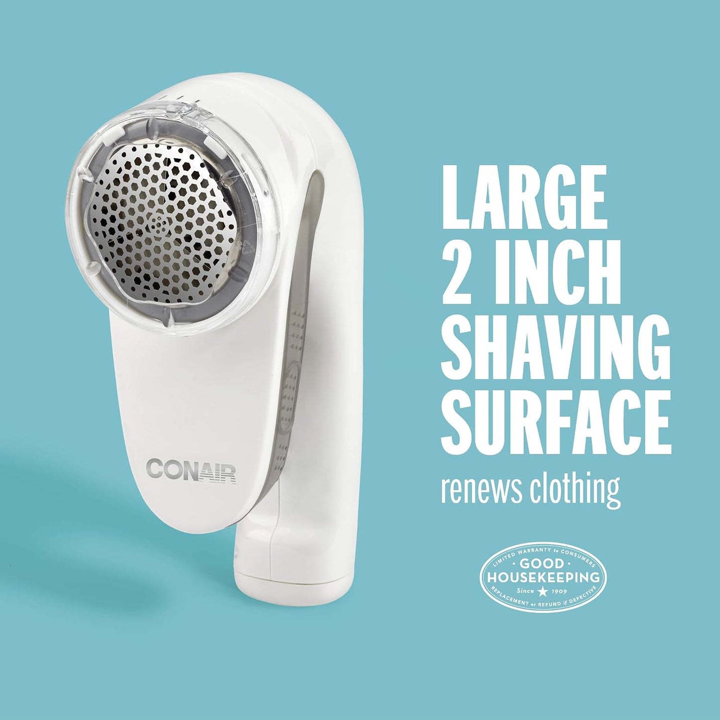 Conair Fabric Shaver and Lint Remover, Rechargeable Portable Clothes Shaver with 3 Settings, Fuzz Remover for Sweaters, Clothing, and Furniture, Large 2-Inch Shaving Head, White