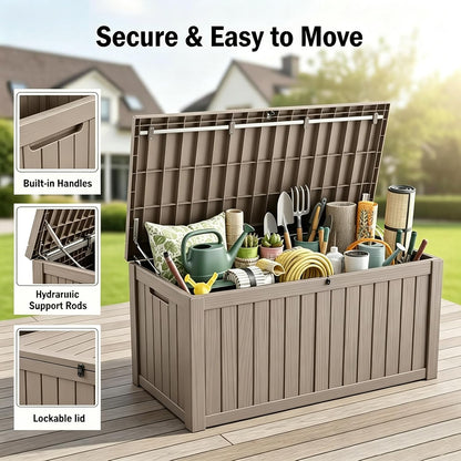 MAKINO 152 Gallon Resin Outdoor Storage Box, Waterproof Deck Box with Lockable Lid, Outside Storage Box for Patio Furniture, Pool Accessories, Garden Tools, Storage Bench for Backyard, Porch, Black