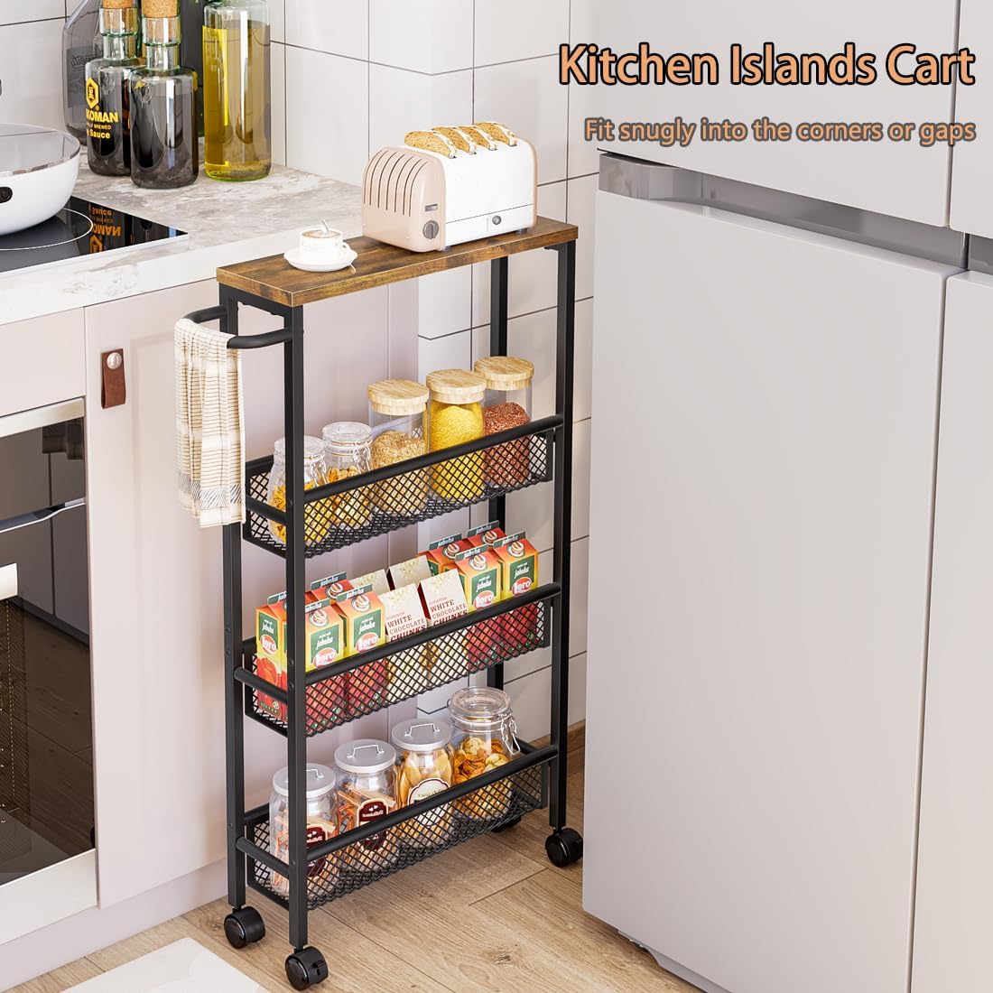 AZERPIAN Slim Rolling Cart 4 Tier Narrow Storage Cart on Wheels with MDF Board Top and Metal Handle for Small Space Kitchen Living Room Home Office Pantry Bathroom Laundry Room(16.54×5.12×30.31 inch)