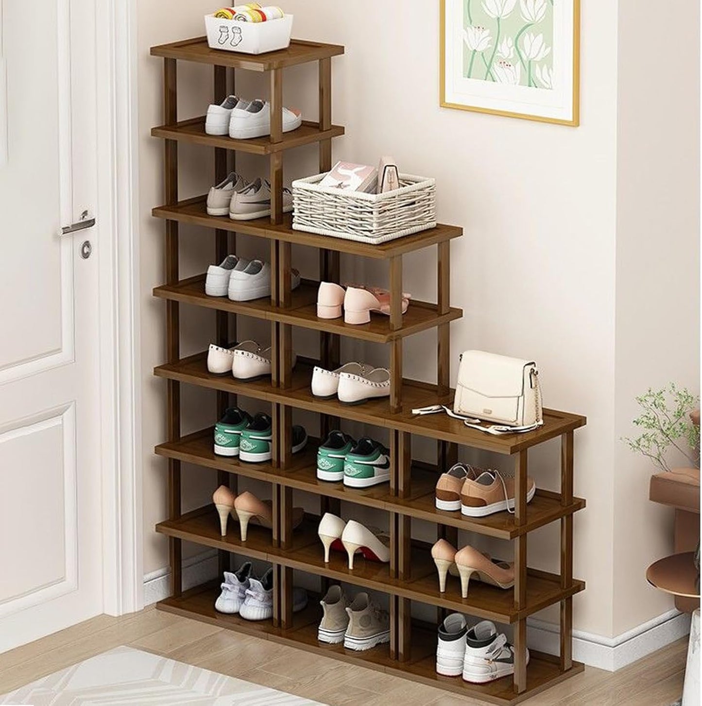Vertical Shoe Rack - Tall Narrow Shoe Rack Organizer for Small Spaces,5 Tier Bamboo Shoen Shelf for Entryway,Closet,Corner,Doorway,Skinny Shoe Shelf Space Saving Shoe Storage,Free Stackable DIY