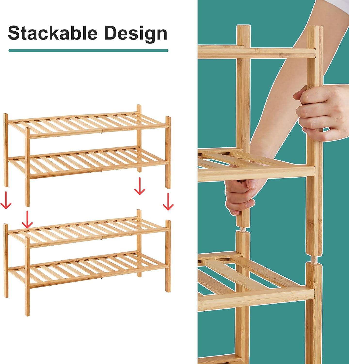 viewcare 3-Tier Black Bamboo Shoe Rack for Entryway, Stackable | Foldable | Natural, Shoe Shelf Storage Organizer for Hallway Closet, Free Standing Shoe Racks for Indoor Outdoor