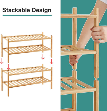 viewcare 3-Tier Black Bamboo Shoe Rack for Entryway, Stackable | Foldable | Natural, Shoe Shelf Storage Organizer for Hallway Closet, Free Standing Shoe Racks for Indoor Outdoor