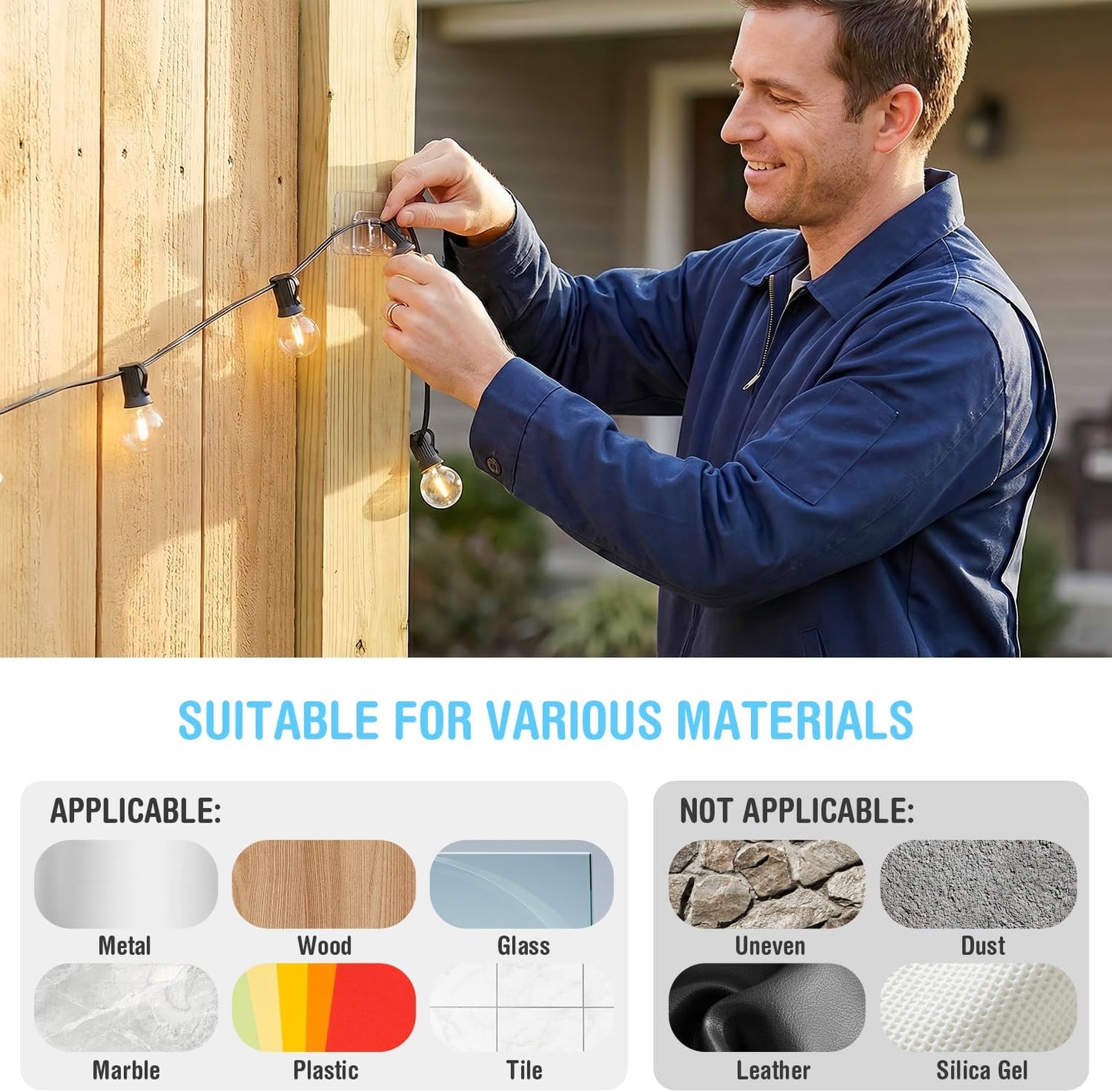 JMEXSUSS Hooks for Outdoor String Lights Clips: 50Pcs Heavy Duty Hooks with Waterproof Adhesive Strips, UV-Resistant Outside Transparent Clips for Hanging Christmas Lights, No Drill