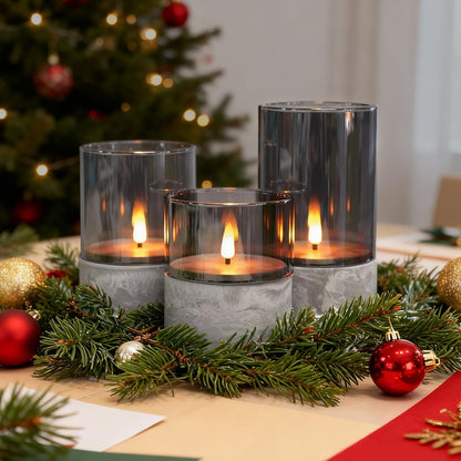 LEDHOLYT Rechargeable Flameless Glass Pillar Candles–Gifts for Women,–Set of 3, Realistic Flickering LED Light,Remote & Timer, Ideal for Living Room, Bedroom & Festival Wedding Home Party Decor