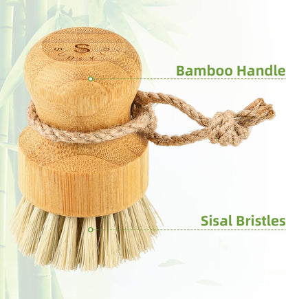 Bamboo Dish Scrub Brushes,Kitchen Wooden Cleaning Scrubbers Set for Washing Cast Iron Pan/Pot, Natural Sisal Bristles, Set of 3