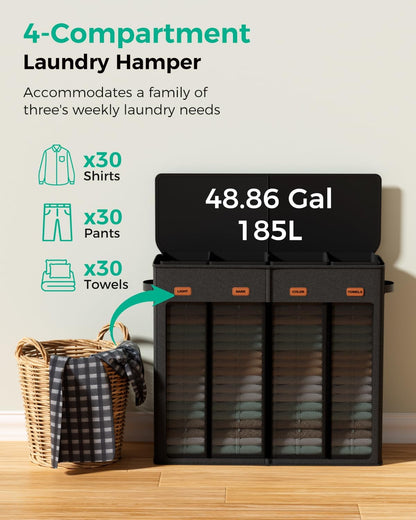 185L Laundry Hamper 3 Section with Lid & Removable Bags | Collapsible laundry basket organizer for laundry room, bedroom & dorm with 3 removable washing bags