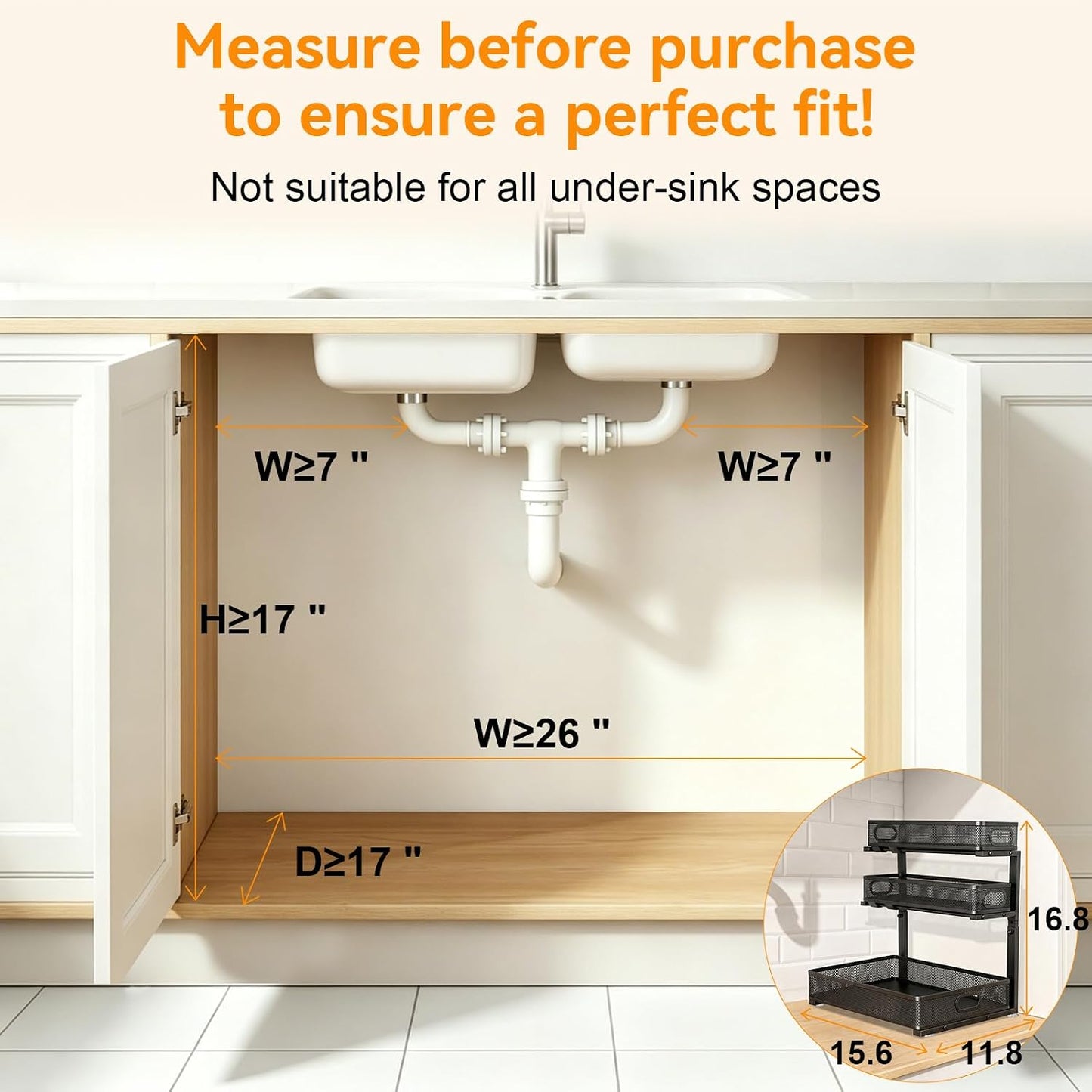 Under Sink Organizer for Bathroom, 3 Tier Adjustable Height Under Sink Storage, Sliding Pull Out Cabinet Organizer Shelf, Metal Multi-Purpose Cabinet Organizer for Kitchen (2 Pack, White)