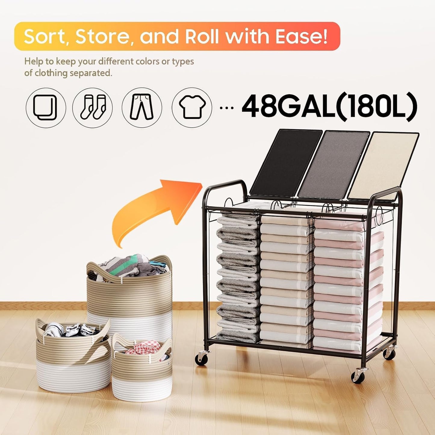 180L (47.55 Gal) Laundry Sorter 3 Section, Rolling Laundry Basket with Lockable Wheels and Lid, Laundry Hamper with 3 Separated Removable Bags Dirty Clothes Hamper for Laundry Room Organizer, Black