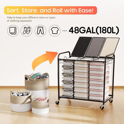180L (47.55 Gal) Laundry Sorter 3 Section, Rolling Laundry Basket with Lockable Wheels and Lid, Laundry Hamper with 3 Separated Removable Bags Dirty Clothes Hamper for Laundry Room Organizer, Black