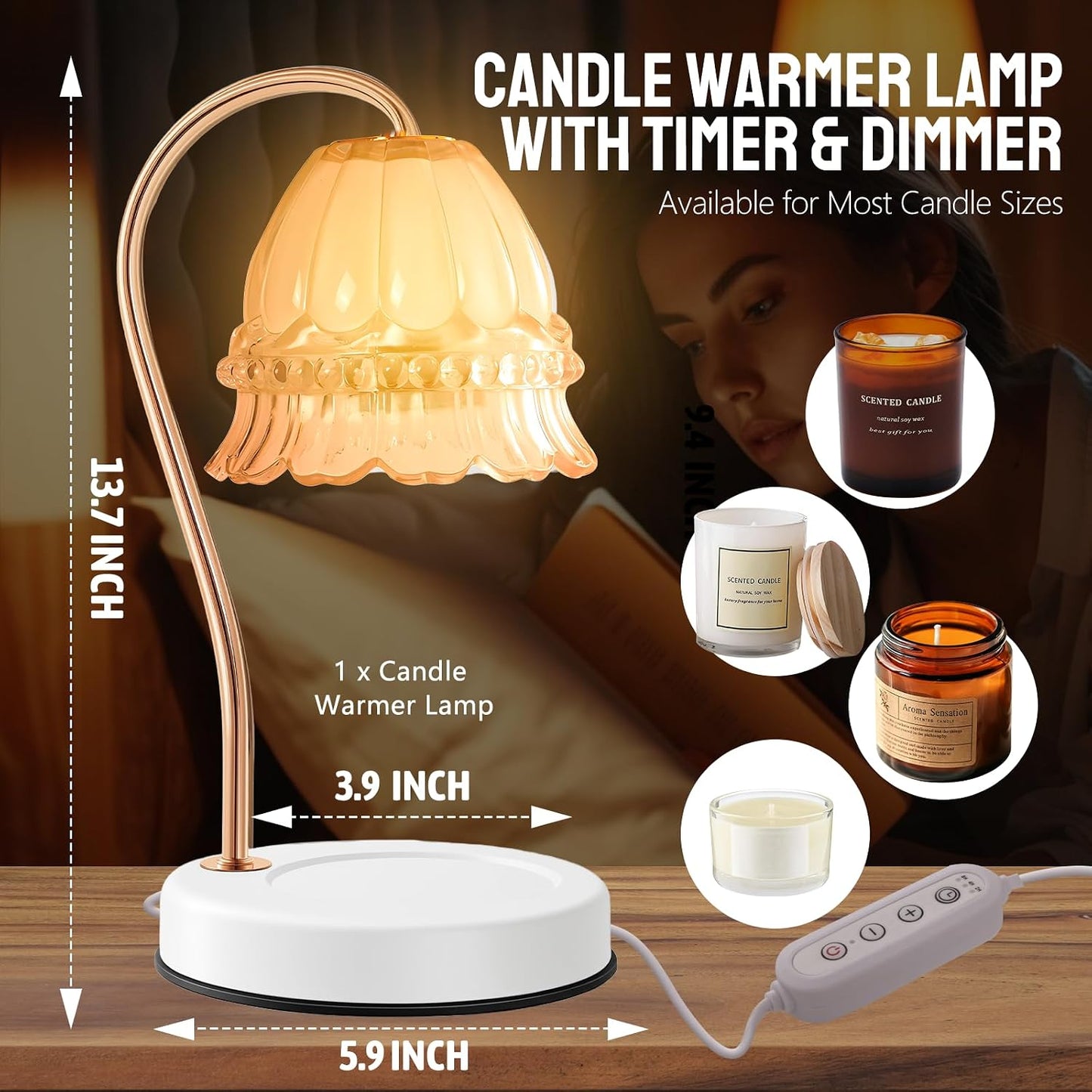 Fragrance Candle Warmer Lamp with 2 Bulbs Electric Candle Warmer with Timer & Dimmer for Home Decor