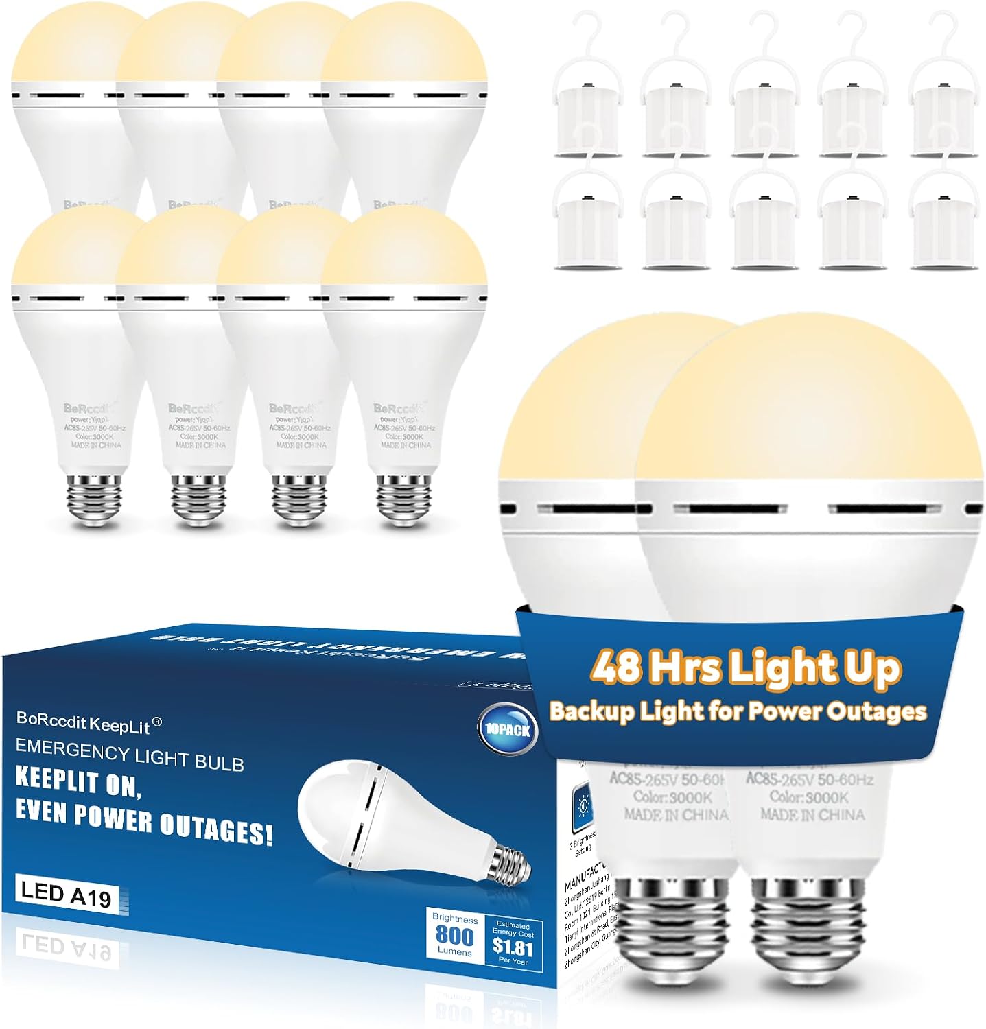 BoRccdit KeepLit 8 Pack Emergency Rechargeable Light Bulbs, 48H Long Lasting & 3 Brightness Power Outage Lights,12W 5000K Battery Backup Emergency Light Bulbs for Home Power Failure Hurricane