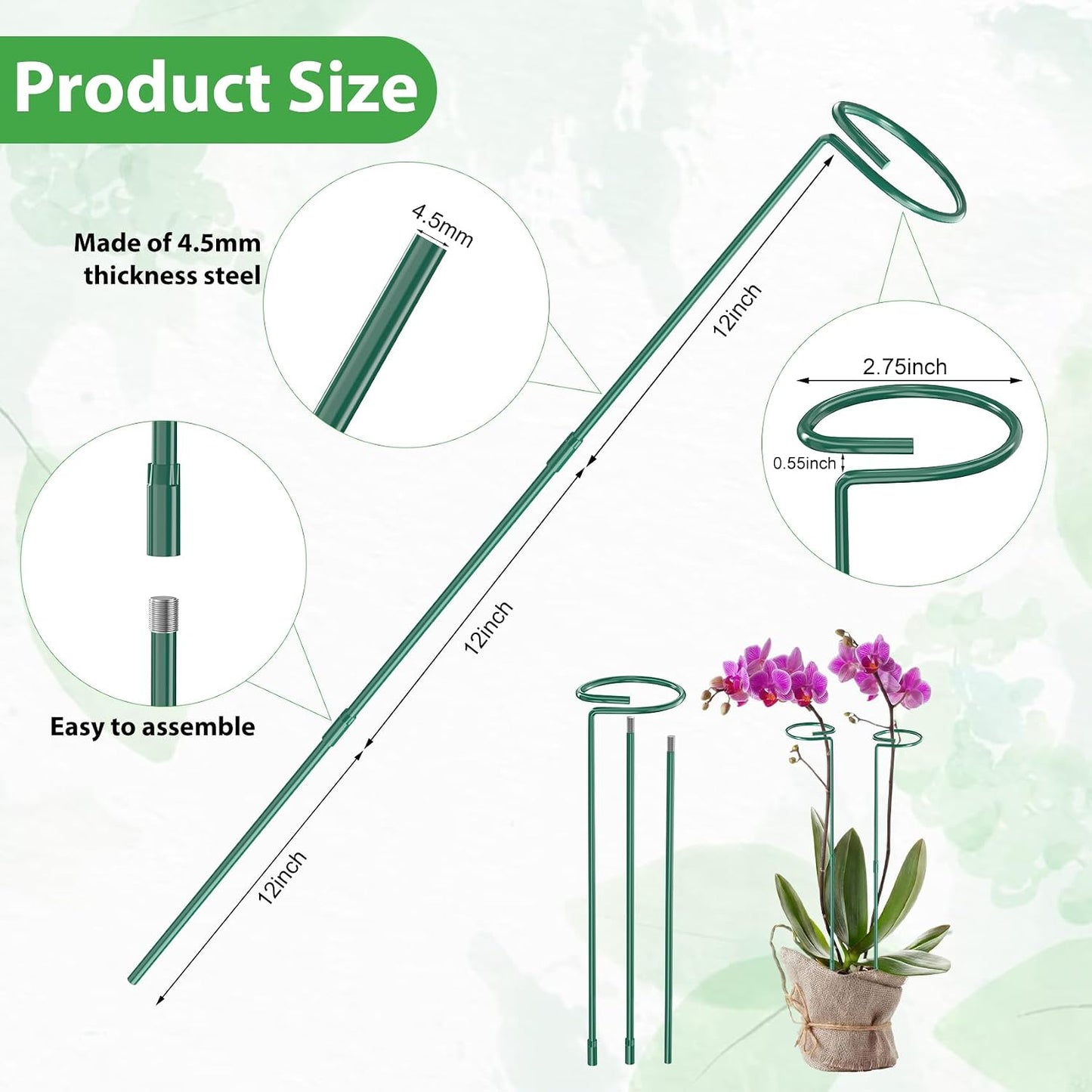 Unves 24 in Plant Stakes, 12 Pack Garden Plant Support Stakes(12" or 24") | Single Stem Plant Cage for Outdoor Indoor Plants Orchid, Tomatoes, Peony, Lily, with 100 Pcs Twist Ties