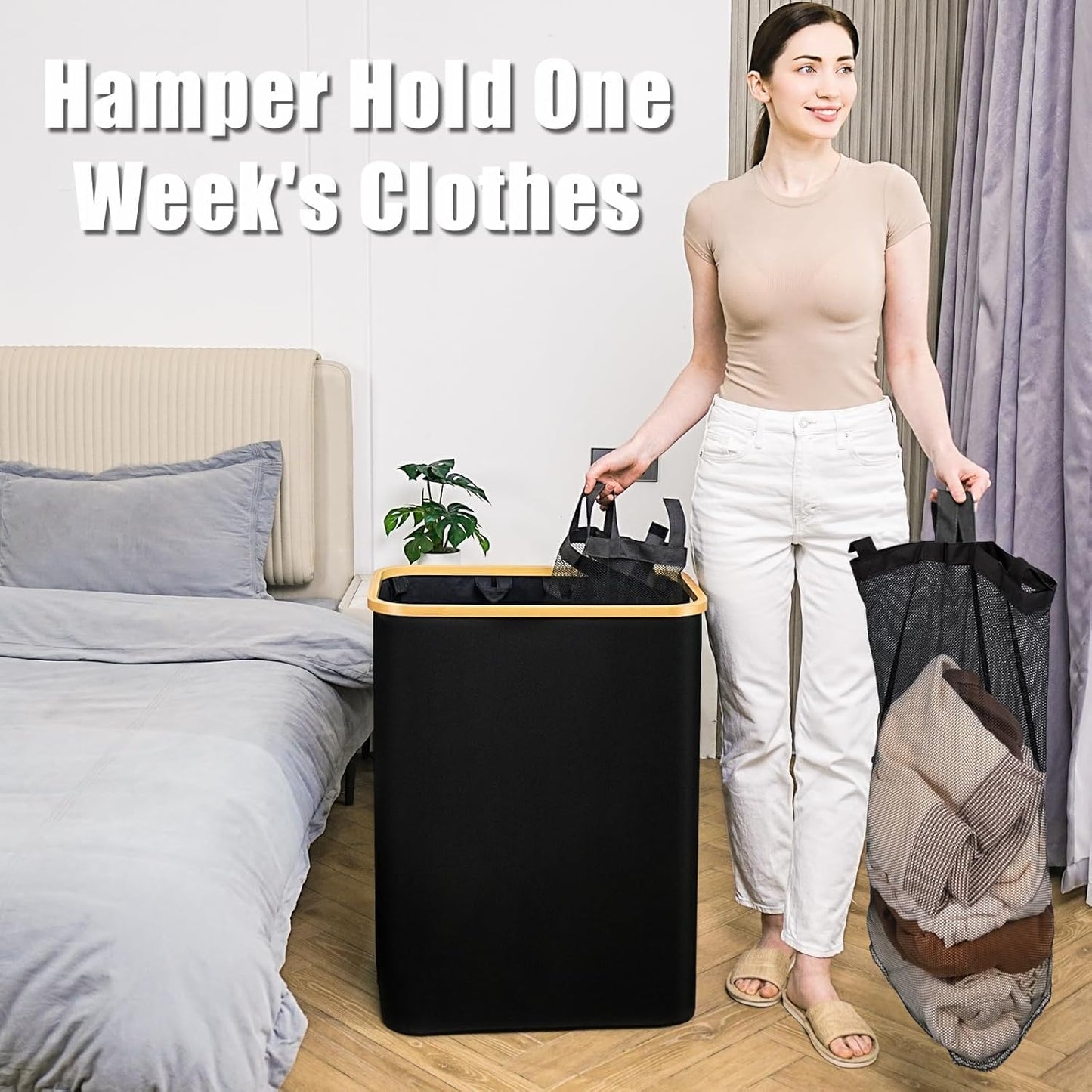 Hampers for Laundry Basket with Lid, 160L Extra Large 3 Section Clothes Divided Organizer for Bedroom, Laundry Room, Dirty Clothing Hamper, Black