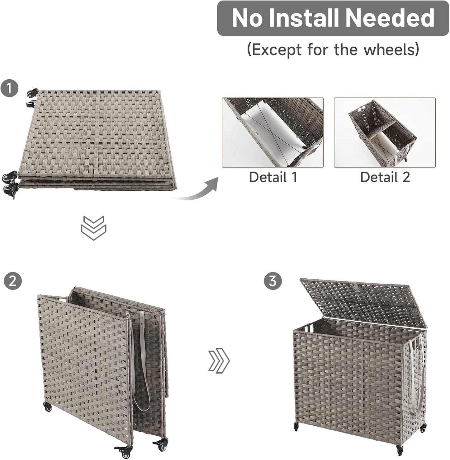 Laundry Hamper with Wheels, 34.3 Gallon(130L) Rolling Laundry Basket with Lid, 3-Section Rattan Clothes Hamper with 3 Removable Liner & 3 Mesh Bags, Laundry Sorter with Side Pocket, Brown