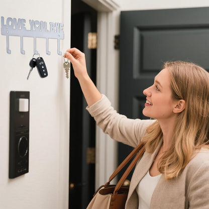 Key Holder Wall Mount, No Drill Adhesive, Black, 5 Hooks | 'Love You.Bye' Entryway Organizer, Metal, 10x4 Inch, Screws Installation