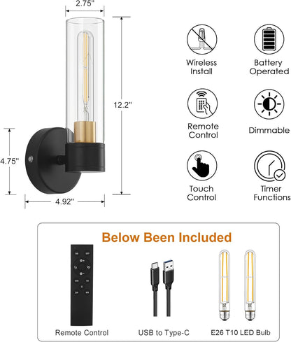 SANTOSTOCK Gold Battery Operated Wall Sconce Set of 2, 12000mAh Rechargeable Wall Lights with Remote Control, Wireless Dimmable Wall Lamps for Bedroom Living Room Bathroom Hallway Stairwell