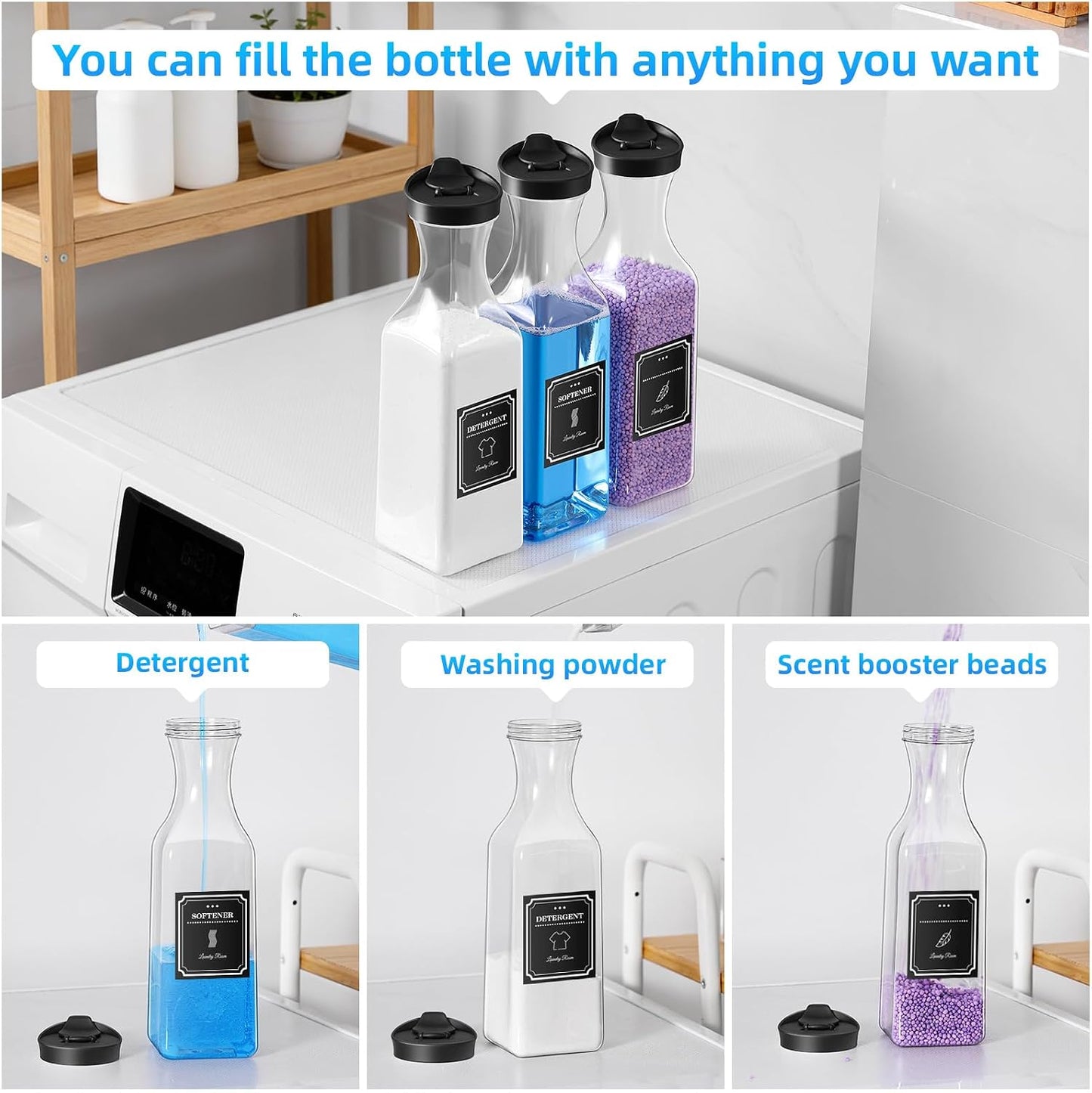 Laundry Detergent Dispenser,54OZ Laundry Soap Dispenser,Liquid Laundry Detergent Container,Fabric Softener Dispenser with Bamboo Wood Tray,Laundry Room Organizer with 4 Labels