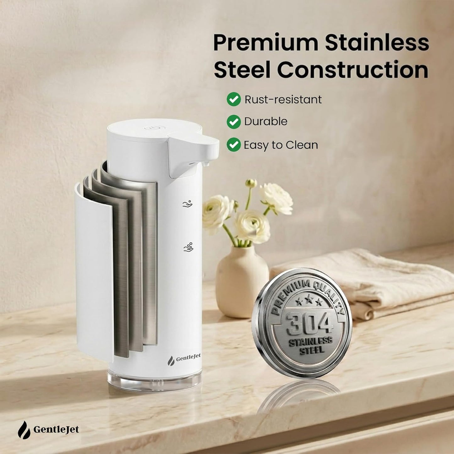 GentleJet EasyFoam Automatic Foaming Soap Dispenser Touchless Sensor, USB-C Rechargeable, 304 Stainless Steel, IPX5 Waterproof for Bathroom Kitchen Sink, 280 ml