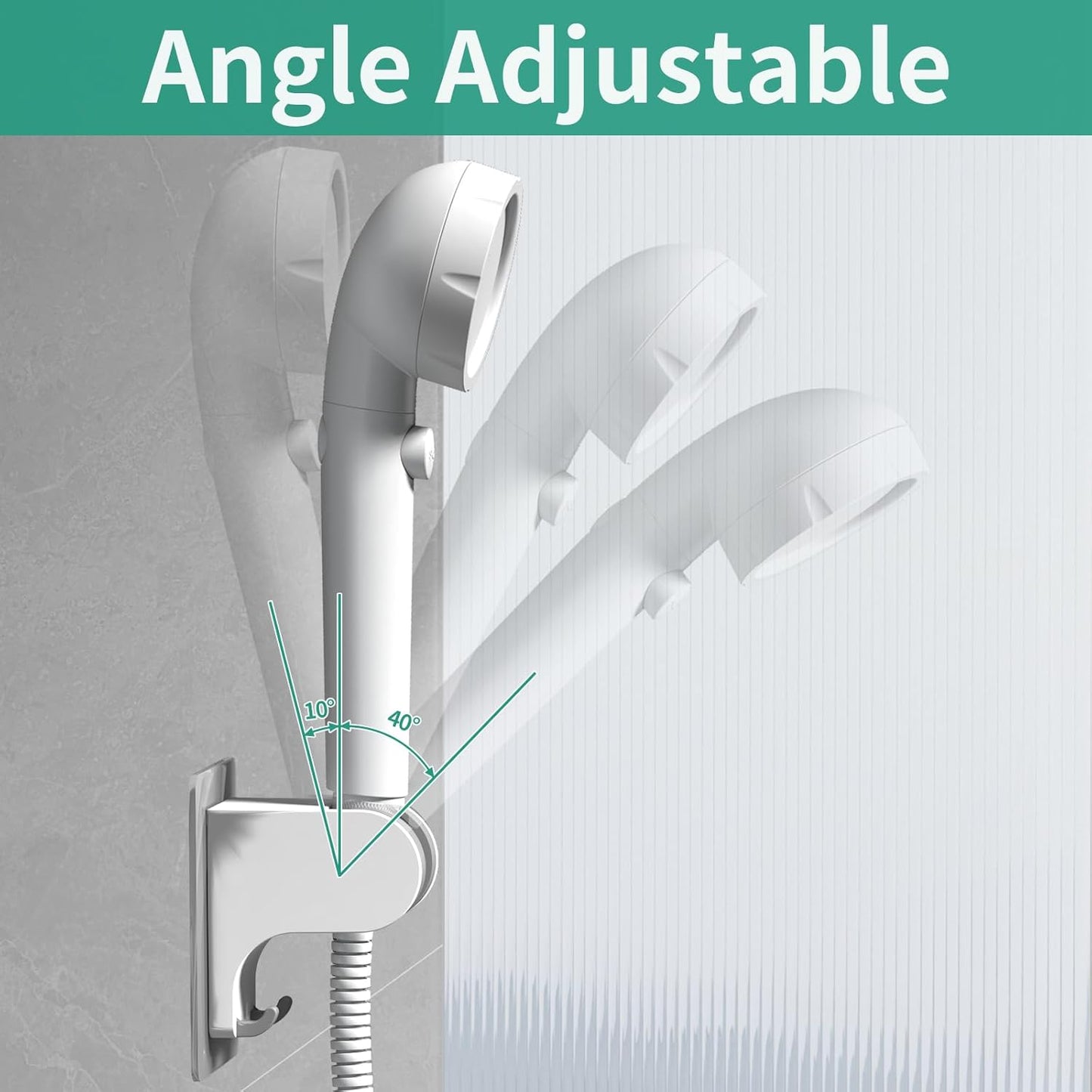 Hand Held Shower Head Holder Wall Mount, Shower Hose Holder Adhesive with 2 Hanger Hooks, Adjustable Shower Handle Holder, No Drilling Shower Wand Holder (‎Chrome, 1 Pack)