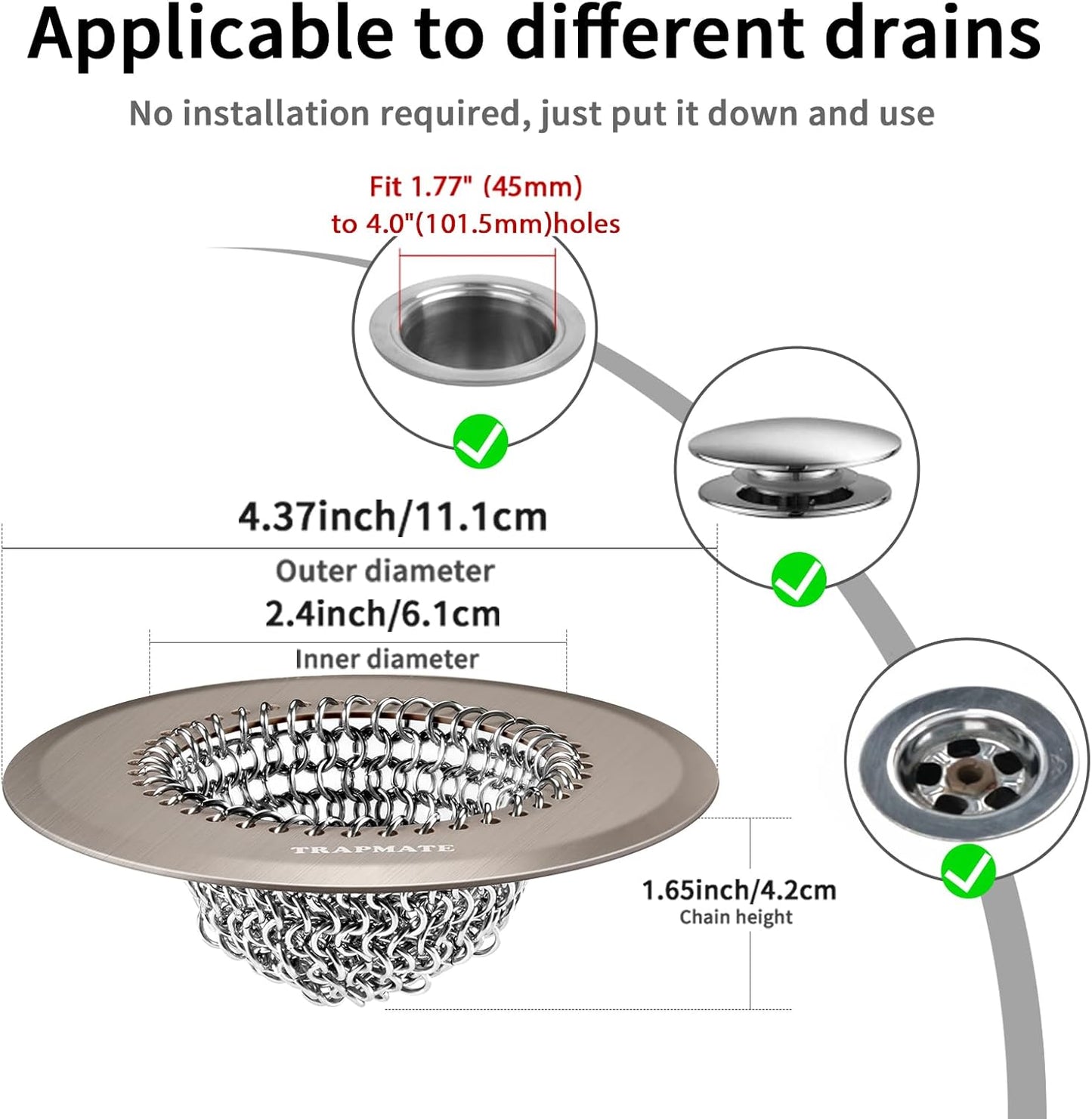 TRAPMATE Shower Drain Hair Catcher, 4.4" Easy Clean Bathtub Drain Hair Catcher, Anti-Slip Bath Tub Drain Protector, Upgraded 304 Stainless Steel Shower Sink Drain Cover for Bathroom (Patented Product)