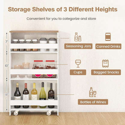 Slim Storage Rolling Cart, 4-Tier Side Out Shelving Unit with Handle, Mobile Organizer Utility Cart on Wheels for Laundry, Bathroom, Office, Kitchen, Narrow Places (White & Natural)