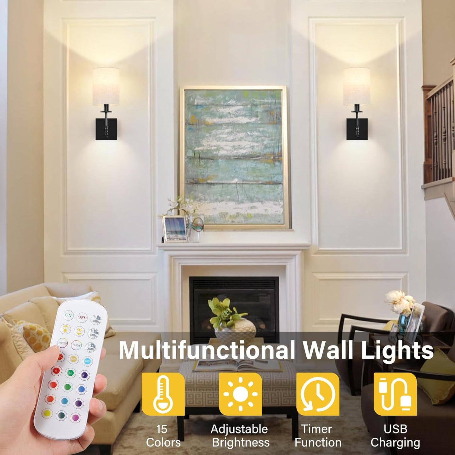 24.8 Inch Black Battery Operated Wall Sconces Set of 2, Rechargeable Wireless Wall Lights with Remote & White Fabric Shade, Indoor Not Hardwired Dimmable Wall Lamps for Bedroom, 2 Bulbs Included