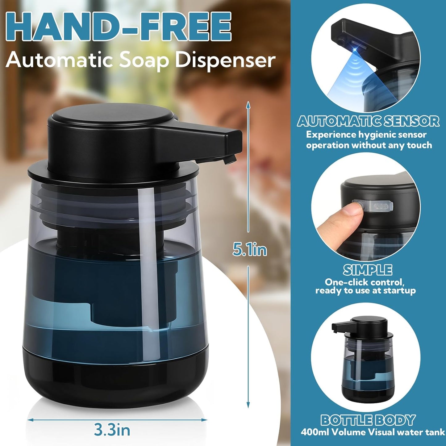 2 Pack Automatic Soap Dispenser Touchless Automatic Foaming Soap Dispenser 3-Level Adjustable Modern Foam Soap Dispensers 10.5oz/300ml USB Rechargeabled for Bathroom Kitchen Office