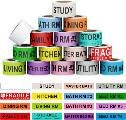 Misofuki 16 Rolls 960 Pcs 1"x4.5" Color Coded Moving Labels Stickers for Boxes with 4 Bedroom Labels - Can Stick on Furniture Directly, NOT Recommended for Rough Surfaces, Such as Carton