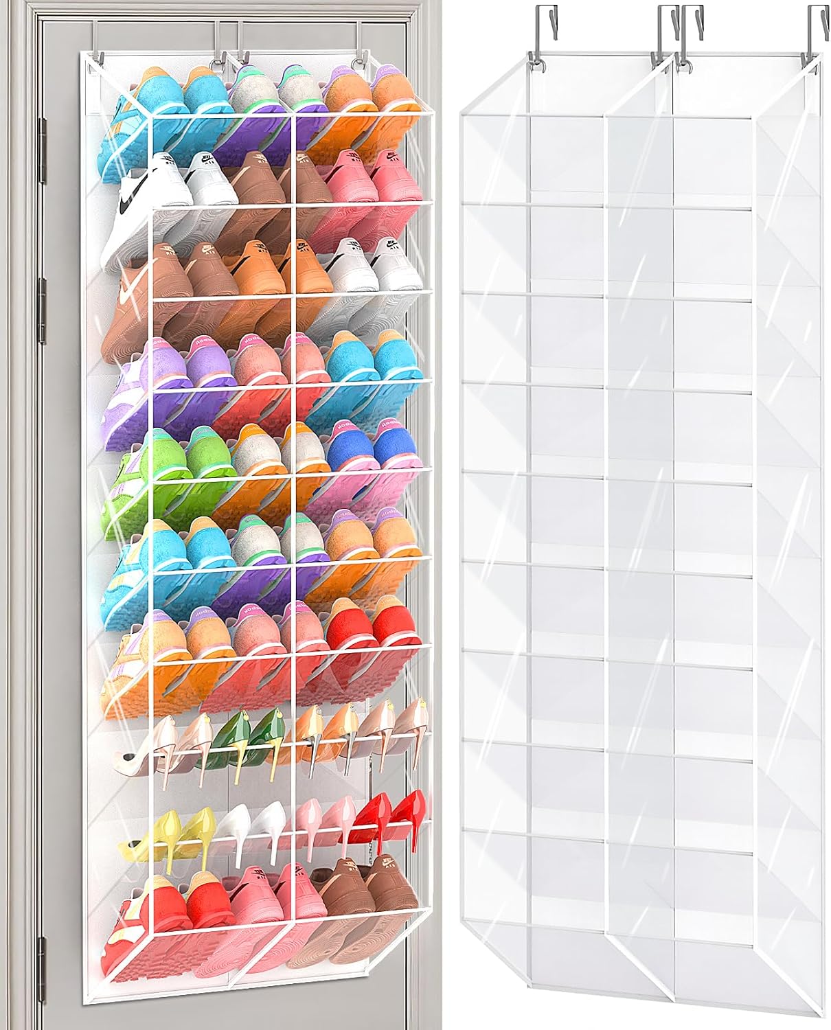 UVIAHOMI 20-30 Pairs Over the Door Shoe Organizer, Clear Pockets Hanging Shoe Storage for Closet, 10-Tier Door Shoes Rack, Handing Shoes Holder Fit All the Family's Sneakers, Boots, Heels, White