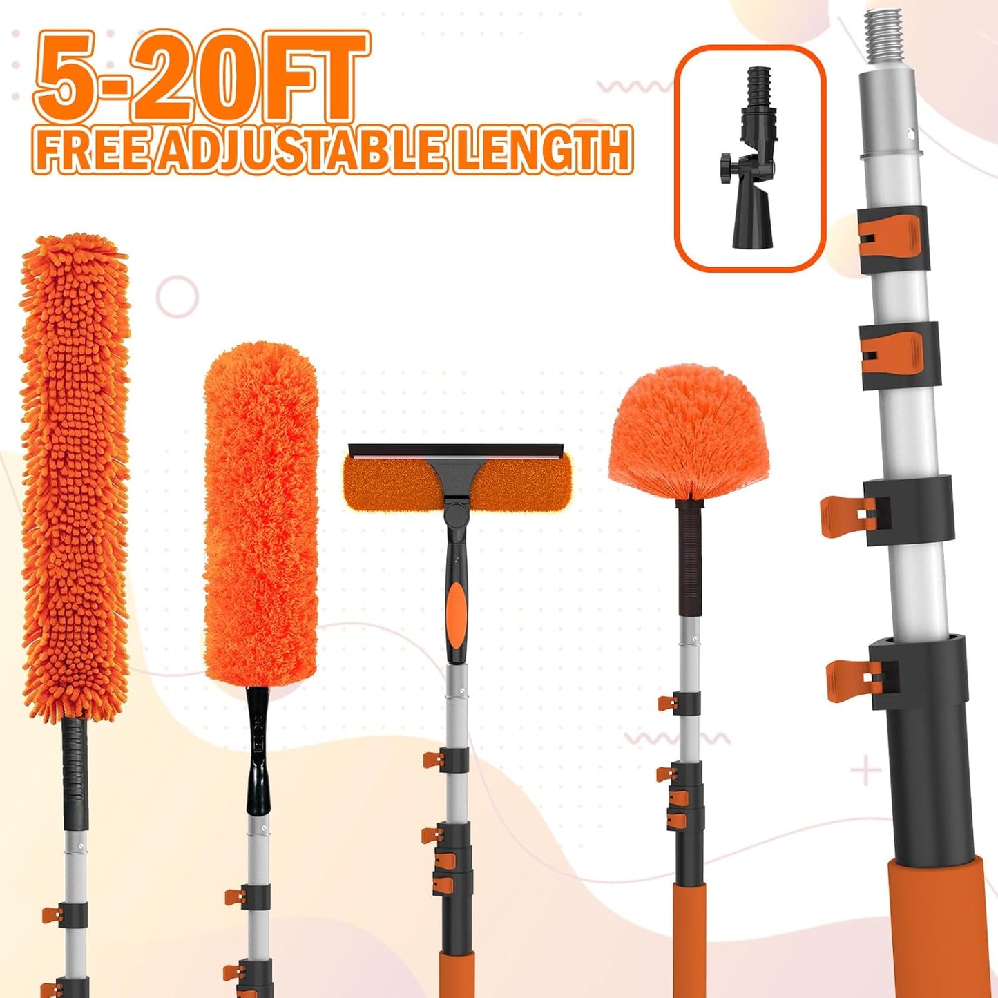 LAANPOLE 26FT High Reach Duster Cleaning Kit with Extension Pole, High Ceiling Fan Cleaner Duster Tool for Fan Blades, Window Washing Kit with Microfiber Feather Duster & Window Squeegee