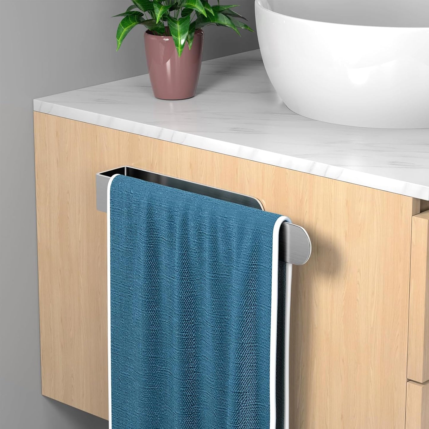 HUFEEOH 2 Pack Adhesive Hand Towel Holder, Kitchen Towel Rack Towel Bars Wall Mounted, Stainless Steel Bath Towel Hanger for Bathroom Hotel Kitchen (White, 8 Inch(2PC))