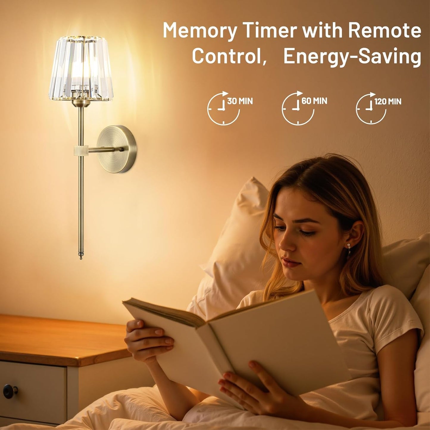 Crystal Battery Operated Wall Sconces Set of 2, Gold Rechargeable Wireless Wall Sconce Lights with Crystal Lampshade, 12 RGB and 3CCT Dimmable Wall Lamps with Remote for Bedroom Living Room Hallway