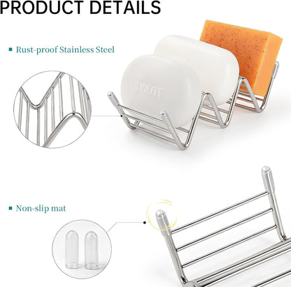 Stainless Steel Soap Dish Self Draining Bar Soap Holder, Silver | Reversible Design Fits 2-3 Bars, Rustproof, Easy to Clean, Space Saving, Non Slip, for Bathroom, Shower, Kitchen
