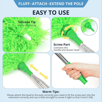 ZZ LAZYCOTTAGE Microfiber Feather Duster for High Reach, Lightweight Ceiling Fan Cleaner, 91.5" Telescopic Pole, Cobweb Duster with Extension Pole for Home & Car