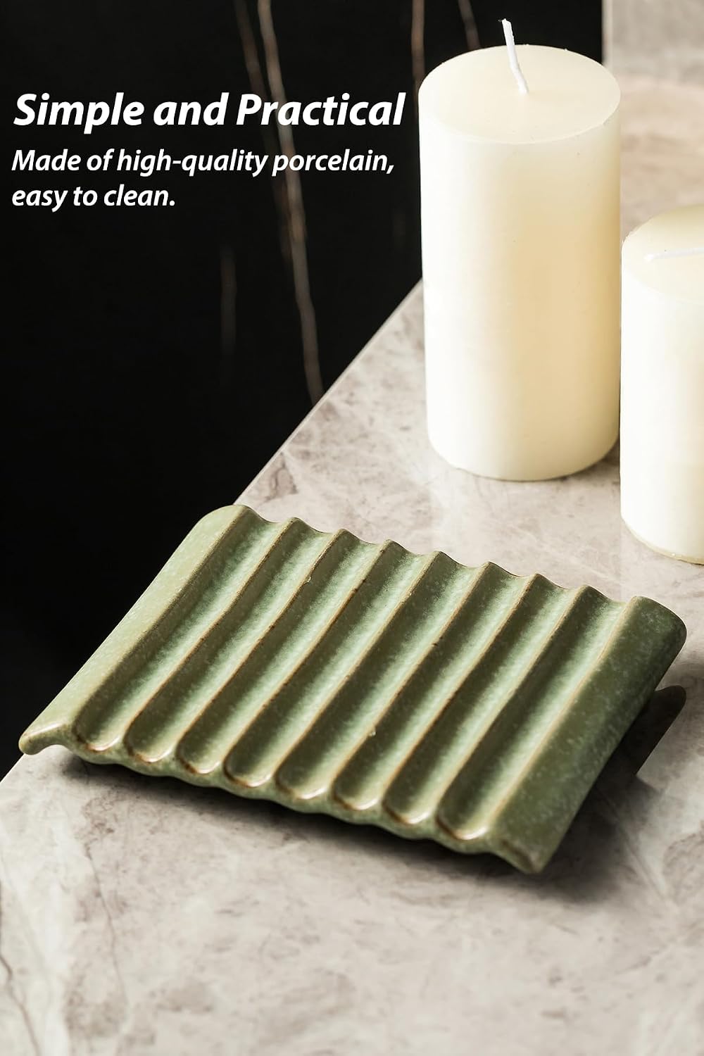 Self Draining Soap Dish, Ceramic Drain Soap Holder Waterfall Design Soap Saver for Shower, Bathroom, Sink, Kitchen and Countertop, Keeps Dry, Green