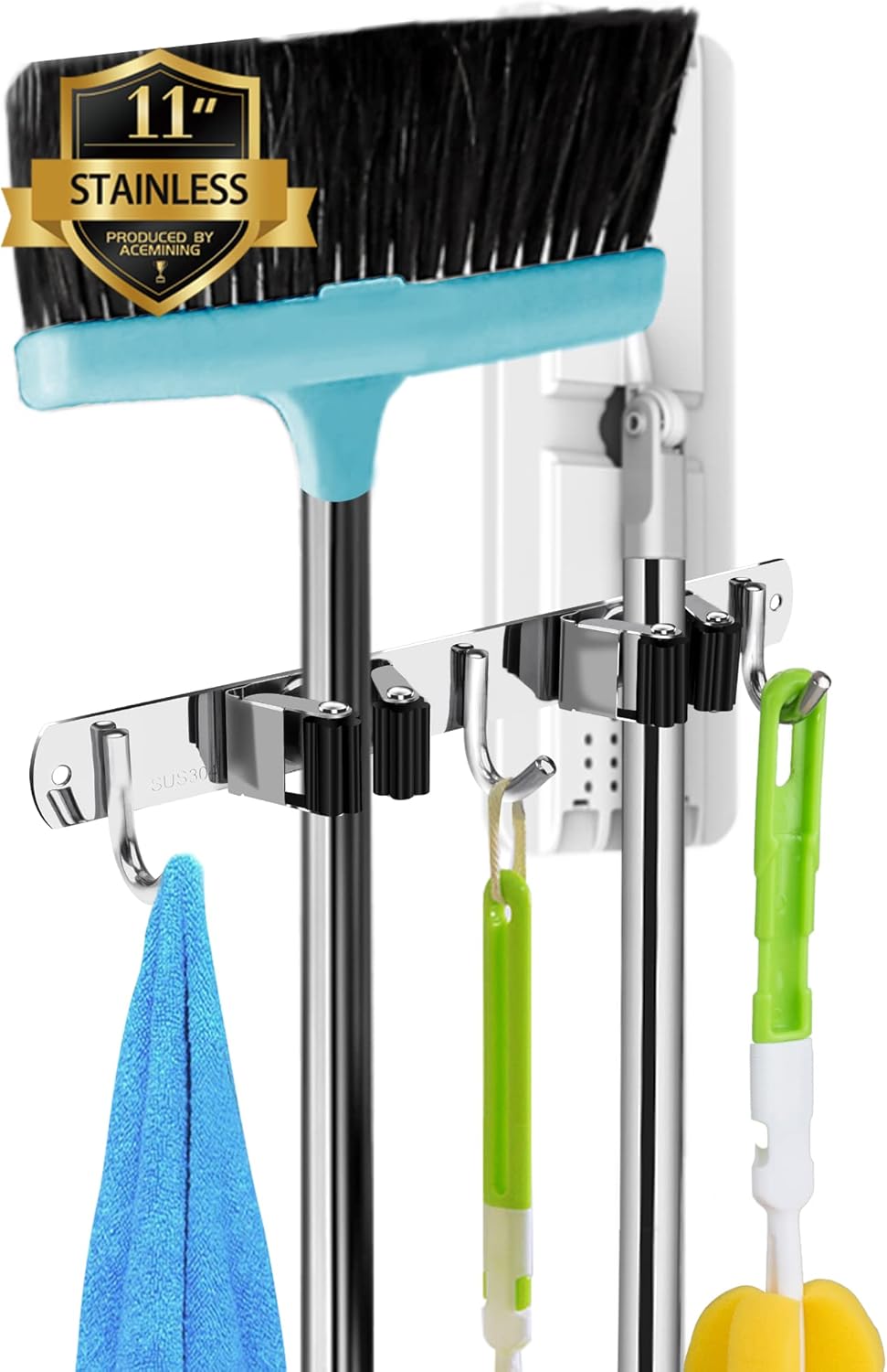 AceMining Broom Holder Wall Mount, 3 Racks 4 Hooks Heavy Duty Mop Organizer | Mop Holder Wall Mount and Broom Hanger for Garage, Laundry Room, Kitchen and Utility Storage