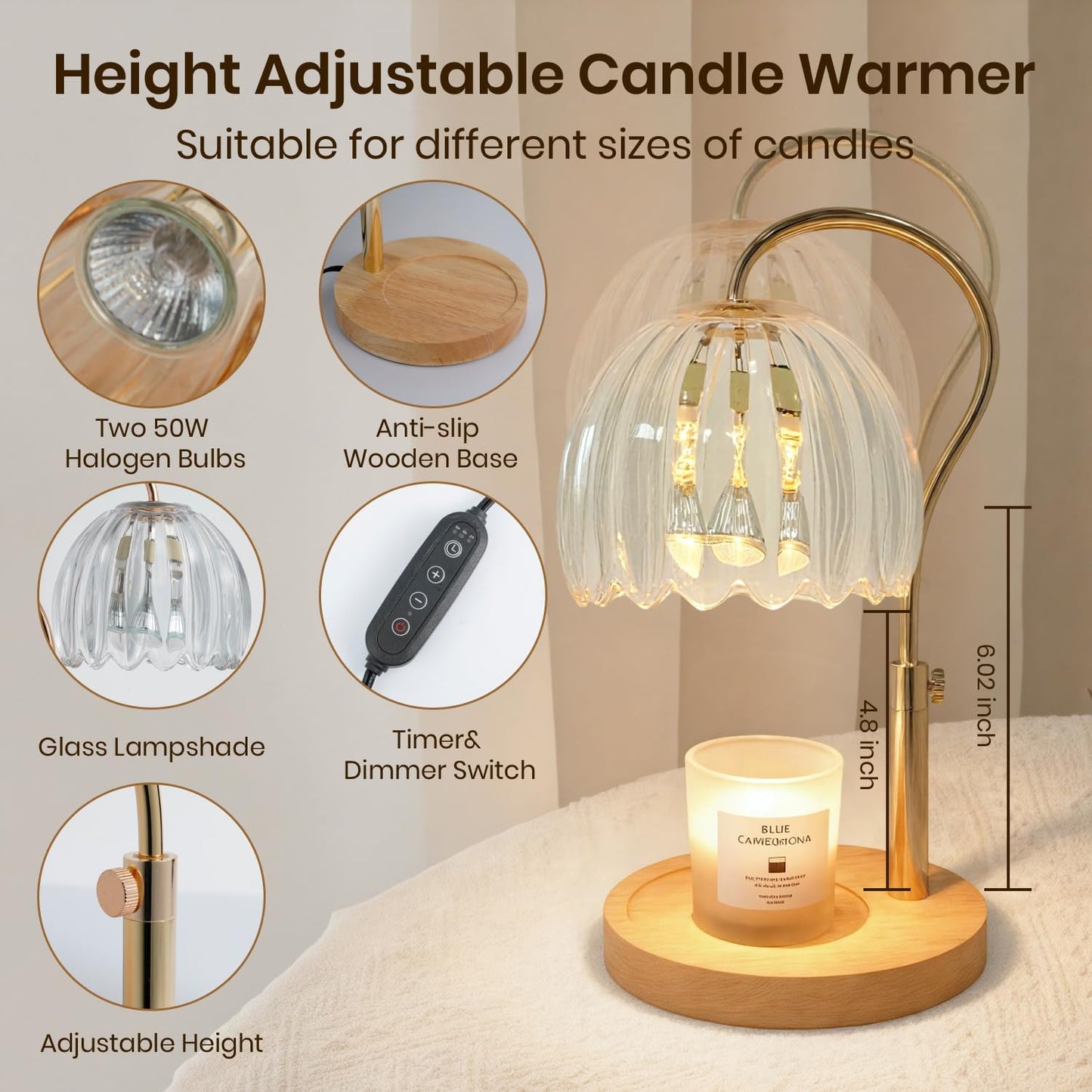 Candle Warmer Lamp with Timer & Dimmer, Electric Candle Lamp Warmer with 2 Bulbs for Scented Candle, Home Decor Gift for Her, Mother’s Day Gift (Milk Tea)