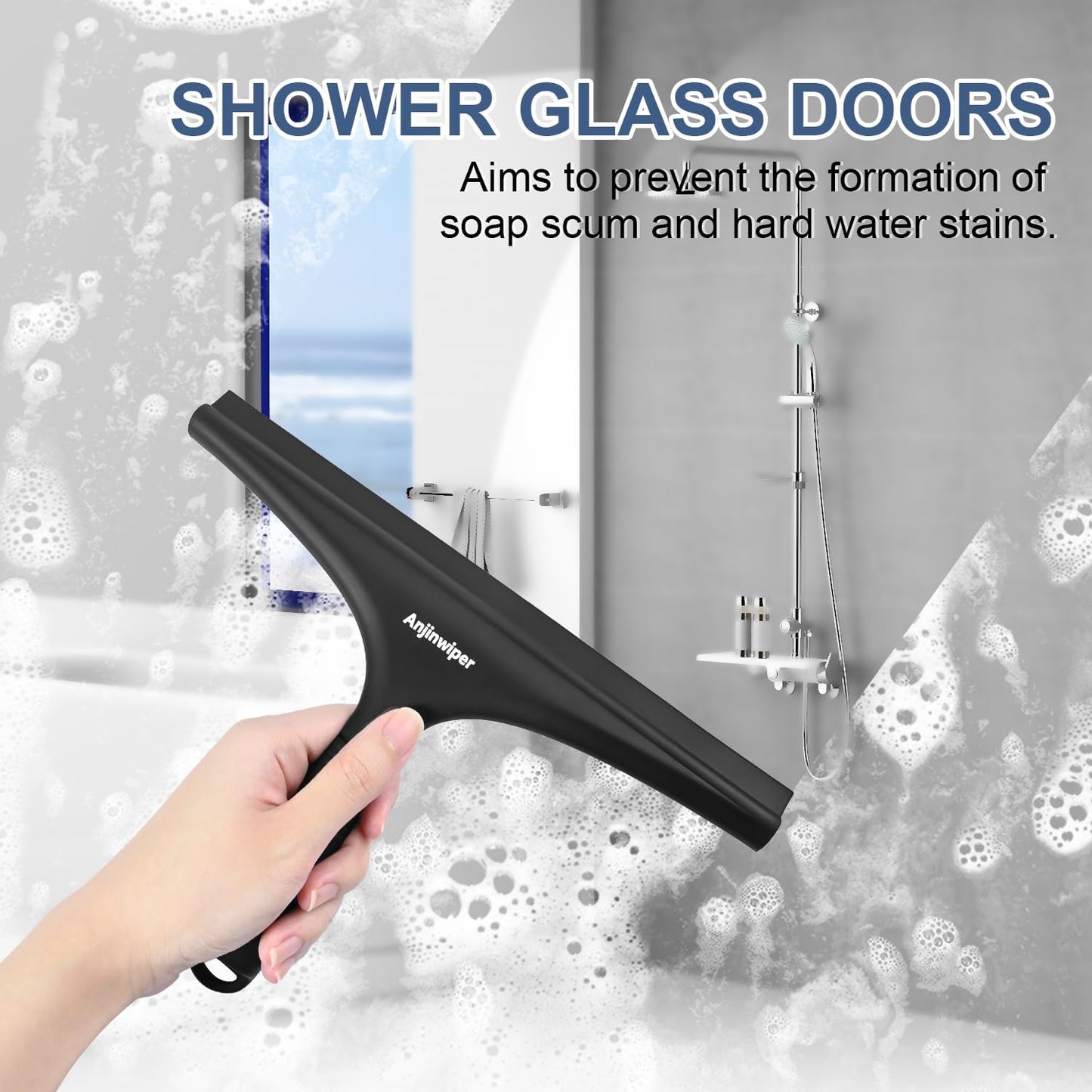 Silicone Shower Squeegee for Glass Doors with Hook, Window Squeegee for Shower Doors, Kitchen, Mirrors and Tiles, Glass Squeegee Bathroom Shower(10 inch, Gray)