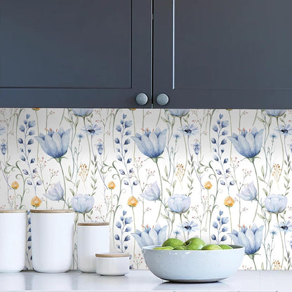 HeloHo Blue Floral Wallpaper Peel and Stick Self Adhesive Removable Wall Paper 16.1" X 118" Renter Friendly Waterproof Wallpaper Contact Paper for Furniture Living Room Bedroom Decor