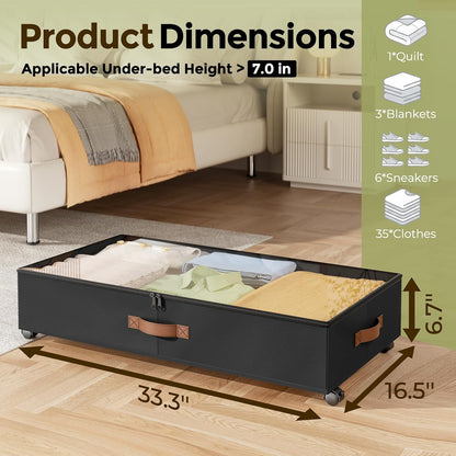 LAMU Under Bed Storage with Wheels, 2 Pack Under Bed Storage Containers with Clear Lids & Label, Rolling Under Bed Drawers for Clothes, Shoes, Blankets, Black