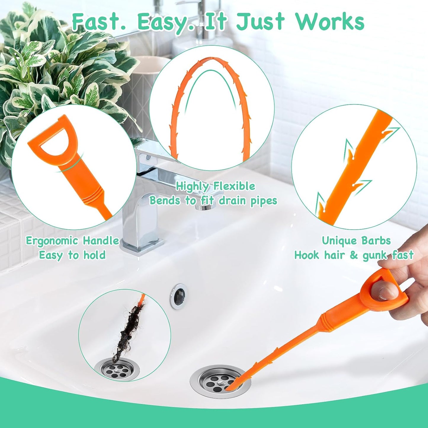 18PCS Drain Clog Remover Tool Set – 59” Drain Snake (2), Snake Drain Hair Removal Tool, 25” Plumbing Snake (4), 24” Sink Snake (1), 18” Sink Drain Cleaner Tool (1), Straw Cleaning Brushes (10)