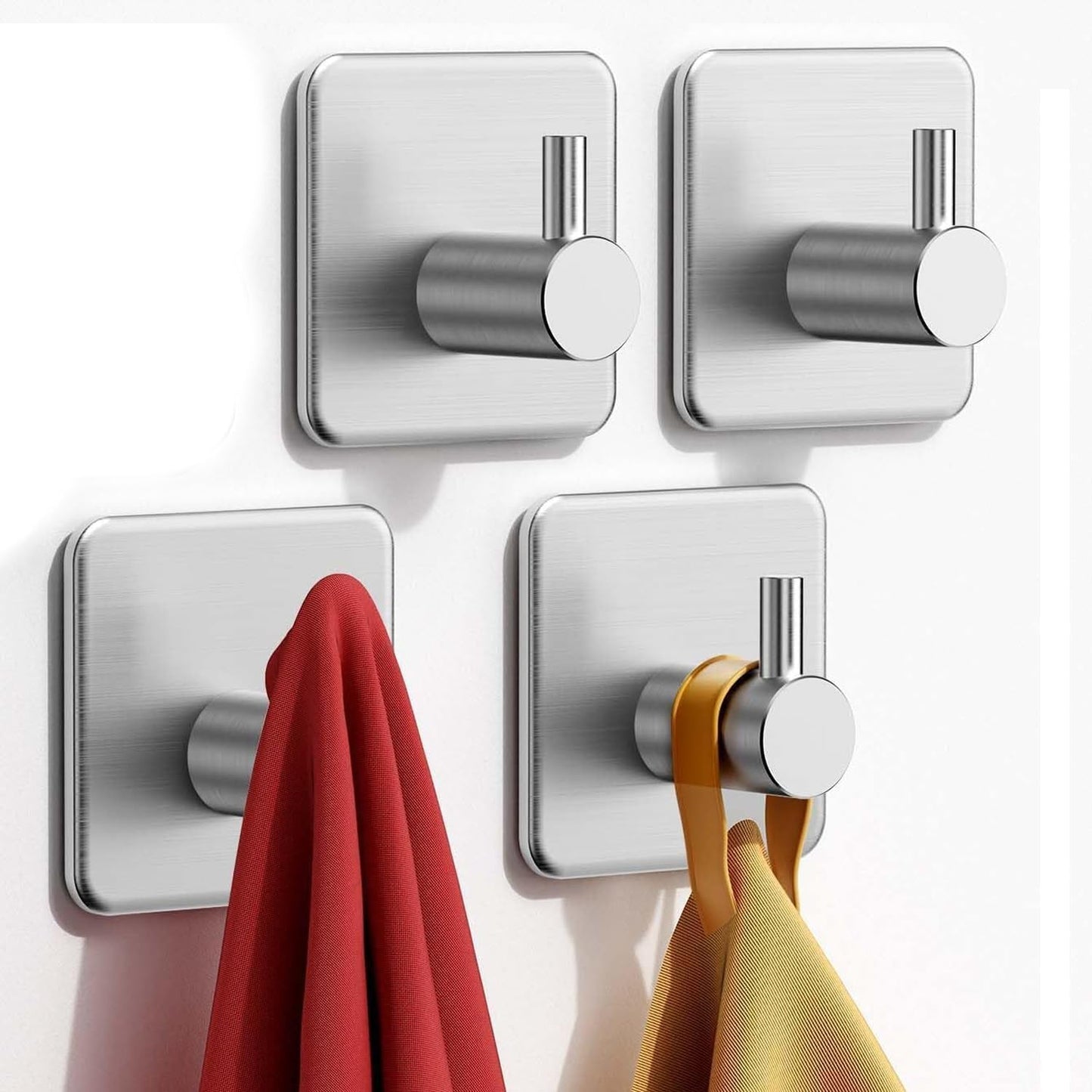 Adhesive Hooks Heavy Duty 30lb(Max) Wall Hooks, 4 Pack Damage Free Stainless Steel Hanger for Hanging Coat, Hat, Towel Robe, Waterproof Oilproof Rustproof Hook for Bathroom Shower Kitchen Office