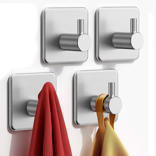 Adhesive Hooks Heavy Duty 30lb(Max) Wall Hooks, 4 Pack Damage Free Stainless Steel Hanger for Hanging Coat, Hat, Towel Robe, Waterproof Oilproof Rustproof Hook for Bathroom Shower Kitchen Office