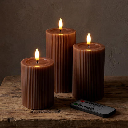 Fluted Ribbed LED Pillar Candles, Cream Beige, with Reflective Melted-Wax Effect – Flickering Flame, Remote, Dimmable, Flameless, Battery Operated, Home & Wedding Decor (Set of 3)