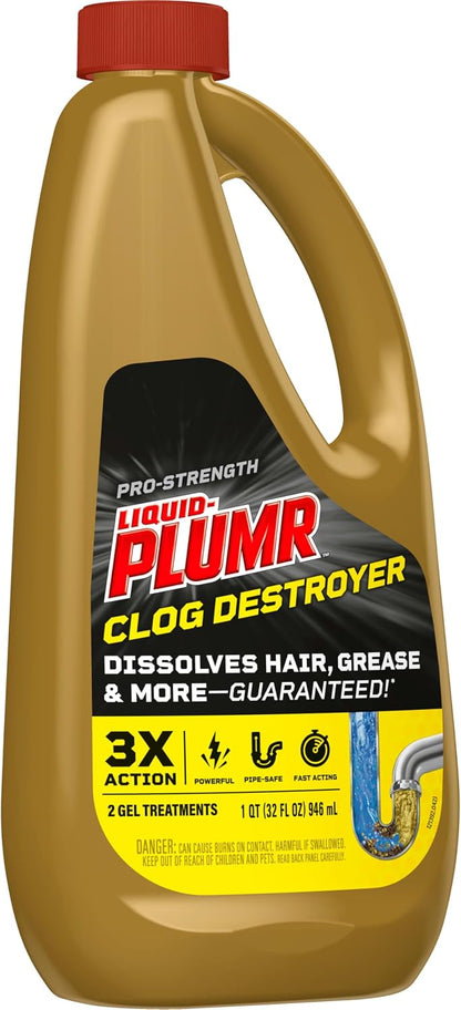 Liquid-Plumr Pro-Strength Full Clog Destroyer, Bathroom & Kitchen Sinks, Shower and Tub Drain, Safe for Pipes, Liquid Drain Cleaner, 32 Fluid Ounces